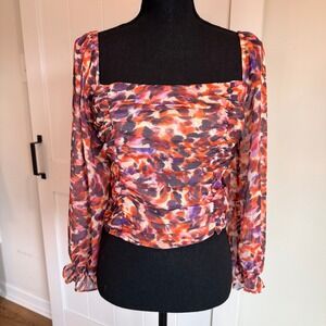 NWT Few‎ Moda Walter Cropped Top Dark Purple Abstract Print Ruched Smocked Large